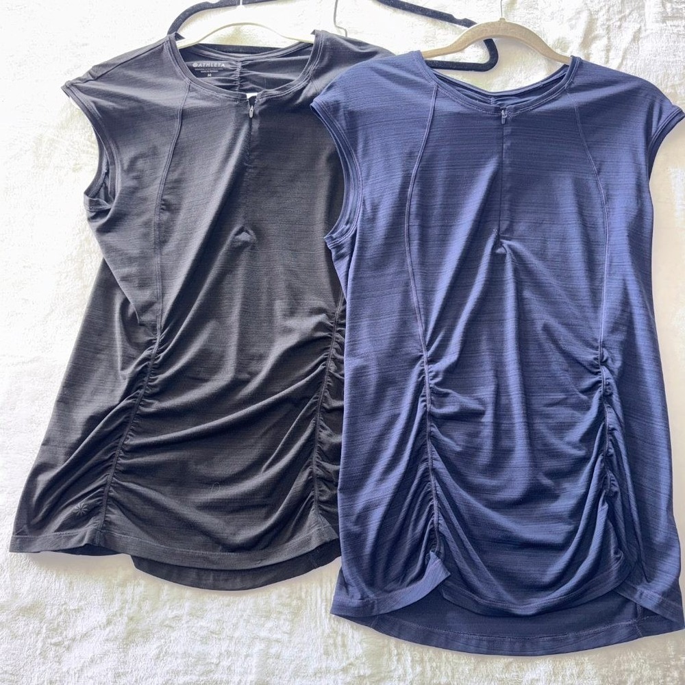 Athleta Womens M Lot of 2 Ruched Cap Sleeve Athletic Tops Navy Gray Zip Pocket